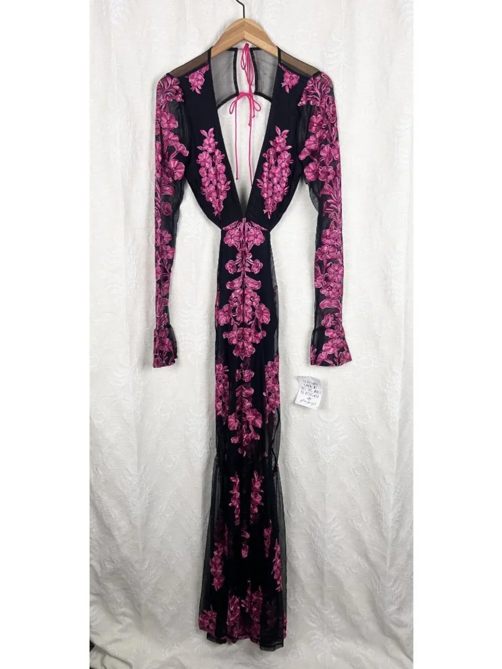 NEW For Love & Lemons Temecula Cut-Out Embroidered Lace Maxi Dress Sheer pink L